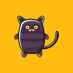 cute black halloween cat isolated on orange background. Cartoon happy black witch kitten with big eyes