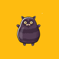 cute black halloween cat isolated on orange background. Cartoon happy black witch kitten with big eyes