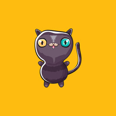 cute black halloween cat isolated on orange background. Cartoon happy black witch kitten with big eyes