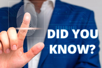 Conceptual hand writing showing Did You Know Question. Concept meaning when you are asking someone if they know fact or event Male wear formal work suit presenting presentation smart device