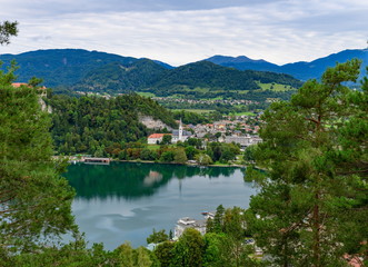 Fototapeta na wymiar From Straza Mountain you can enjoy a beautiful view of Lake Bled and the city.