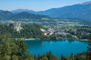 Fototapeta na wymiar Beautiful view of Lake Bled and the city from Straza Mountain.