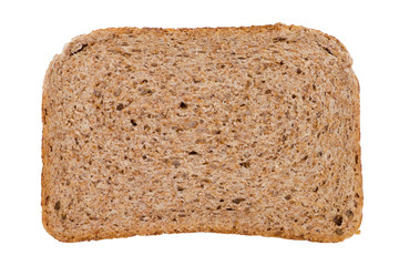 Slice of whole wheat brown bread isolated on white background, top view