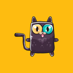 cute black halloween cat isolated on orange background. Cartoon happy black witch kitten with big eyes