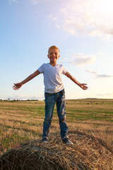 Naklejka na ściany i meble smiling boy standing with arms outstretched on haystack at sunset