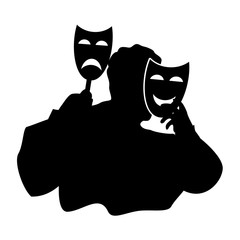 Black and white silhouette of a man trying on a funny and sad theatrical mask. The concept of duplicity, hypocrisy and hiding behind masks in modern society, vector clipart