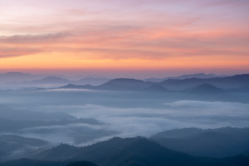 Naklejka na ściany i meble Landscape of Sunrise and sea of clouds over mountains layer District Mae Hong Son, THAILAND.