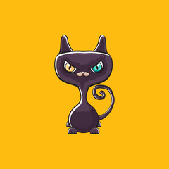 cute black halloween cat isolated on orange background. Cartoon happy black witch kitten with big eyes