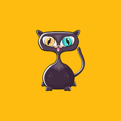 cute black halloween cat isolated on orange background. Cartoon happy black witch kitten with big eyes