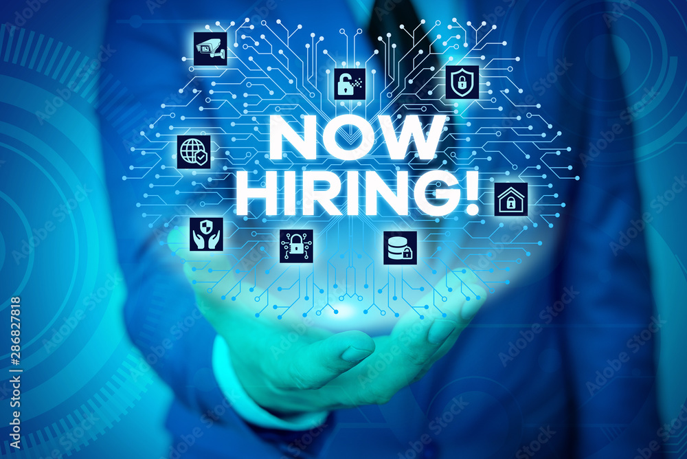 Poster word writing text now hiring. business photo showcasing finding evaluating working relationship with