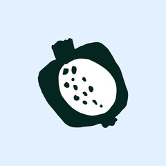 Hand-drawn isolated pomegranate on pastel blue background. Cute card with exotic fruit. Cartoon illustration.