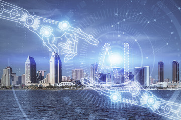 Data theme hologram drawing on city view with skyscrapers background multi exposure. Bigdata...