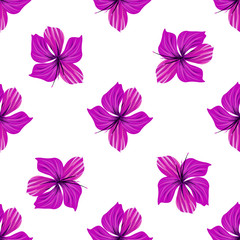 Hibiscus flower. Seamless tropic pattern. Palm background