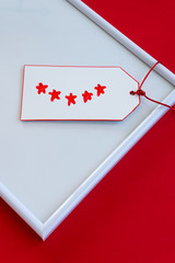 Five-star review on a label. Feedback concept, space for text