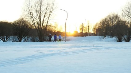 Young group jog at winter park, nice evening time, sunset hour. General view, empty snow field at foreground, dark bare trees on background