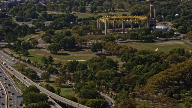 NYC New York Aerial v153 Panning birdseye over Corona Park area to Manhattan skyline view - October 2017