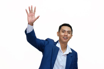 hand sign of hi and bye bye. An asian businessman with formal blue suit