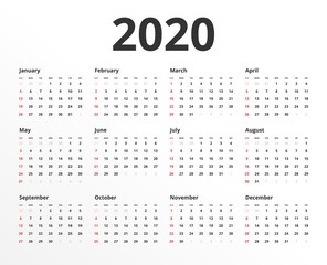 Calendar for 2020 new year in clean minimal table simple style. Week Starts on Sunday.