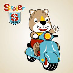 cute leopard ride on scooter, vector cartoon illustration