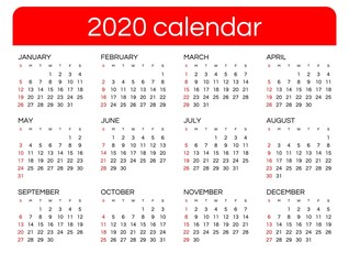 Calendar for 2020 new year in clean minimal table simple style. Week Starts on Sunday.