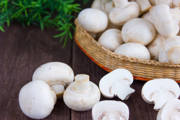 Champignon mushrooms in a wicker bowl on a dark background with a sprig of greenery