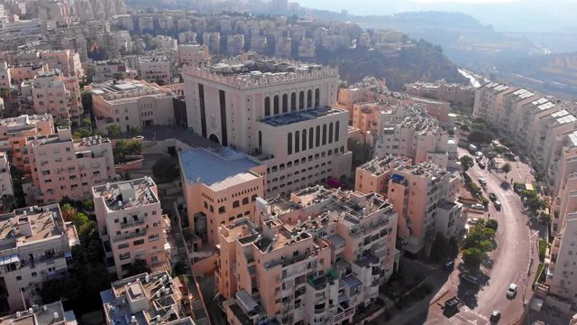 Jerusalem Belz Great Orthodox Synagogue Aerial view Drone footage over Large Orthodox synagogue in Jerusalem Israel