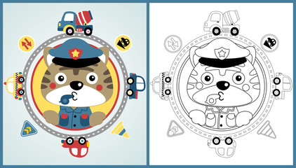 vector cartoon of cute traffic cop with vehicles, coloring page or book