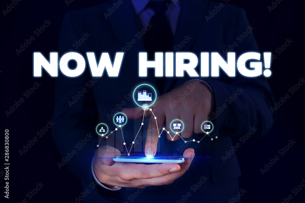 Aufkleber writing note showing now hiring. business concept for finding evaluating working relationship with f