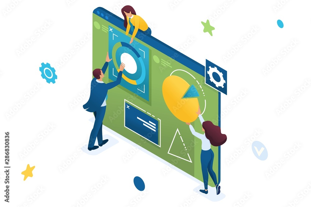 Poster young team of entrepreneurs engaged in business analysis on a large tablet. data analysis concept. 3