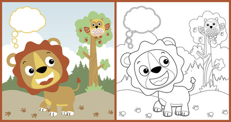 vector cartoon of cute lion with owl in jungle , coloring book or page