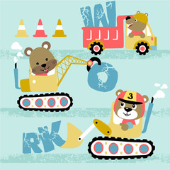 vector cartoon illustration of cute animals driving construction vehicles