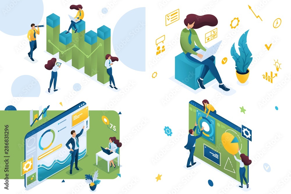 Poster set of isometric concepts.business analysis, business planning, data analysis. for concept for web d