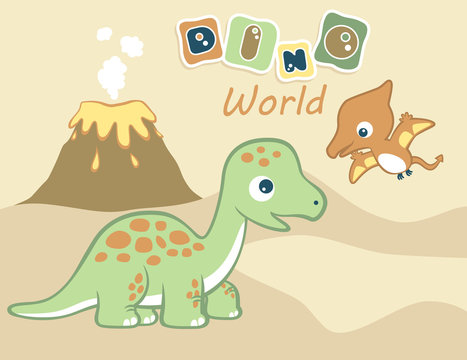 dinosaurs vector cartoon on volcano eruption background
