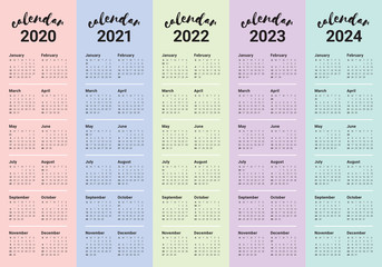 Year 2020 2021 2022 2023 2024 calendar vector design template