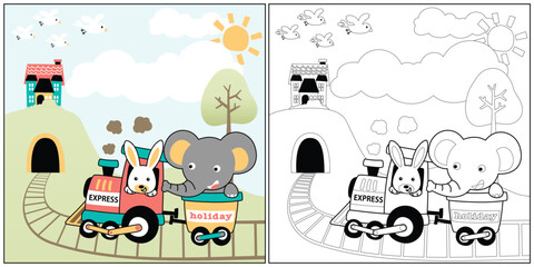 Naklejka premium vector cartoon of cute animals recreation with coal train at summer, coloring book or page