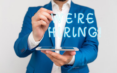 Handwriting text writing We Re Hiring. Conceptual photo recently employ someone or pay someone to...