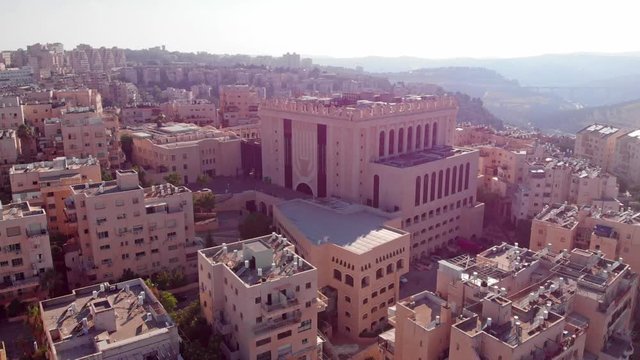 Jerusalem Belz Great Orthodox Synagogue Aerial view Drone footage over Large Orthodox synagogue in Jerusalem Israel