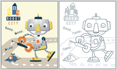 Fototapeta na wymiar funny robot with its toy, vector cartoon illustration, coloring book or page