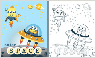 outer space with funny alien and rocket, vector cartoon illustration, coloring book or page