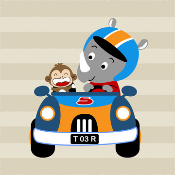 vector cartoon of funny animals on race car, rhino and monkey