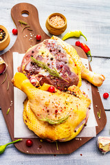 Raw duck legs. Fresh BIO ingredient for preparation traditional French confit