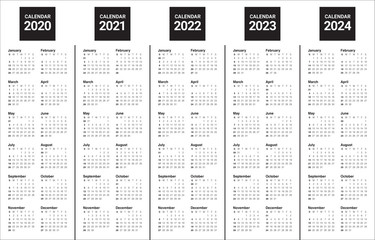 Year 2020 2021 2022 2023 2024 calendar vector design template