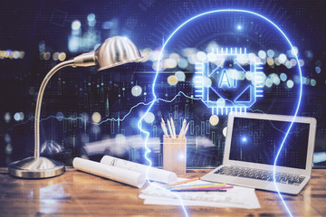 Double exposure of desktop with computer and brain drawing hologram. Artificial intelligence...