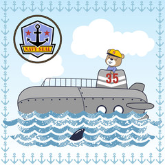 submarine cartoon with little sailor on blue sky background