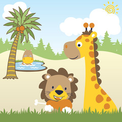 funny animals in jungle, hippo, giraffe, lion, vector cartoon illustration