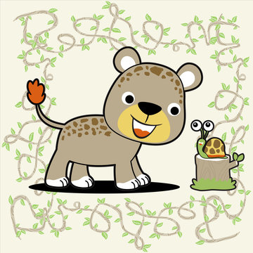 Leopard with little snail on vines background , vector cartoon illustration