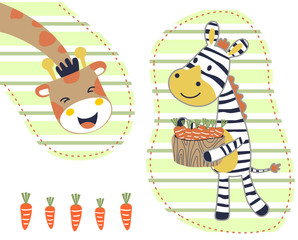 funny animals, zebra carrying lots of carrot for giraffe, vector cartoon illustration