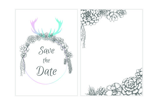 Floral vector invitation, hand drawn succulents and antlers bohemian style design, holographic colored elements.