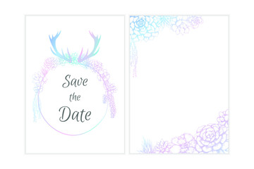 Floral vector invitation, hand drawn succulents and antlers bohemian style design, holographic colored elements.