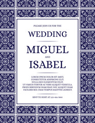 Traditional mexican wedding invite card template vector. Vintage floral tile pattern with white and navy blue. Turkish background for save the date design or invitation party.